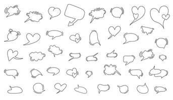 Large set of dialog boxes, hand drawn variants of different shapes. Collection of speech bubbles for conversation, dialogue, doodle style design on white background vector
