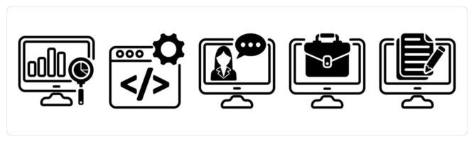 A set of five business icons as analysis, web development, online consultation vector