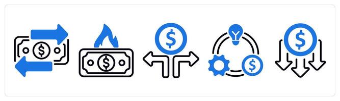 Set of 5 business icons as transaction, money burning, money decision vector