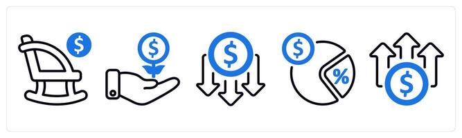 Set of 5 business icons as retirement, investment growth, lower cost vector