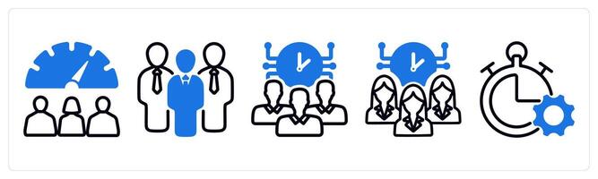 Set of 5 business icons as worker performance, business group, time management vector