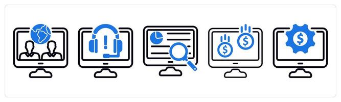 Set of 5 business icons as virtual team, online support, research vector