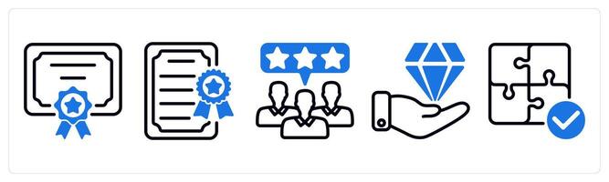 Set of 5 business icons as certificate, business license, customer review vector