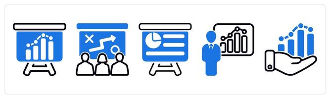 Set of 5 business icons as business analysis, presenting tactics, presentation vector