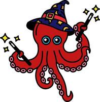 isolate illustration of Squid wearing a wizard hat and holding a wand vector