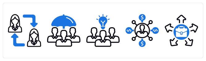Set of 5 business icons as employee change, employee insurance, teamwork solution vector