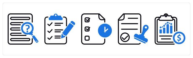 Set of 5 business icons as case study, testing sheet, audit vector