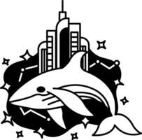isolate black and white illustration of City on the back of a whale vector