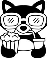isolate black and white illustration of Raccoon wearing 3D glasses with popcorn and soda vector