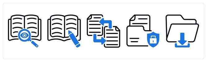 Set of 5 business icons as find content, article writing, file transfer vector