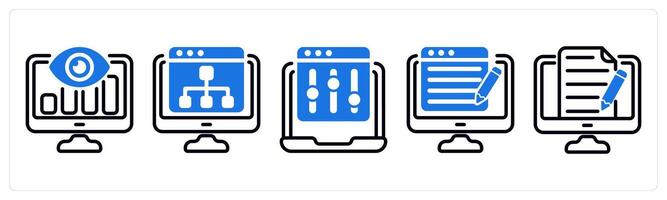 Set of 5 business icons as seo monitoring, web hierarchy, refine webpage vector