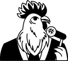 isolate black and white illustration of Chicken in a suit and holding a microphone vector
