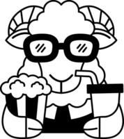 isolate black and white illustration of Sheep wearing 3D glasses and holding popcorn and a soda vector