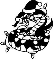 isolate black and white illustration of Snake wearing a Santa hat and having wires wrapped around it vector