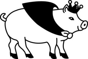 isolate black and white illustration of Pig with crown and cape vector