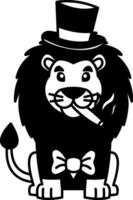 isolate black and white illustration of Lion in suit and top hat and smoking cigar vector