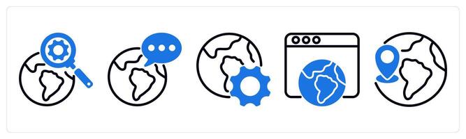 Set of 5 business icons as search engine, global communication, browser optimization vector