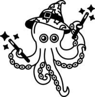 isolate black and white illustration of Squid wearing a wizard hat and holding a wand vector