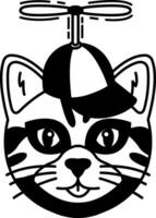 isolate black and white illustration of Cat wearing a propeller cap vector