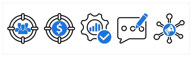 Set of 5 business icons as target audience, target profit, optimization vector