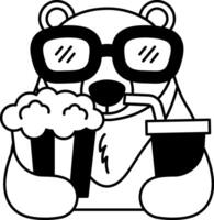 isolate black and white illustration of Bear with 3D glasses holding popcorn and soda vector