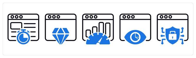 Set of 5 business icons as website speed, website reputation, seo performance vector