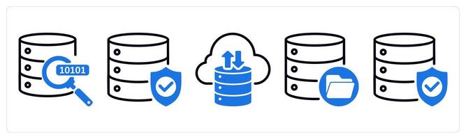 Set of 5 business icons as find data, database protection, cloud storage vector
