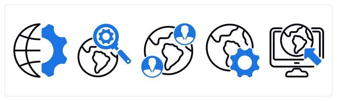 Set of 5 business icons as global engineering, search engine, global communication vector