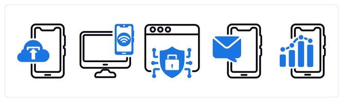 Set of 5 business icons as mobile data backup, device connectivity, web security vector