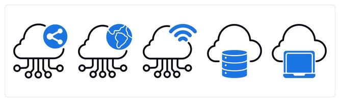 Set of 5 business icons as cloud network sharing, cloud research, cloud connection vector