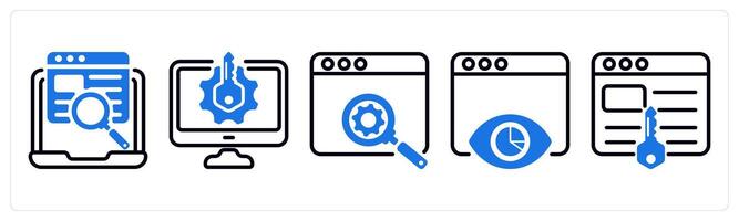 Set of 5 business icons as web search, keyword generator, seo development vector