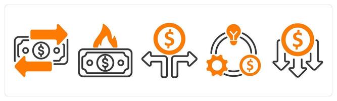 Set of five business icons as transaction, money burning, money decision vector