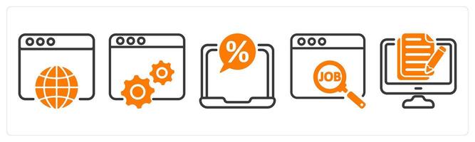 Set of five business icons as web browser, web optimization, online tax vector