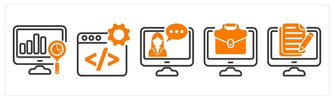 Set of five business icons as analysis, web development, online consultation vector