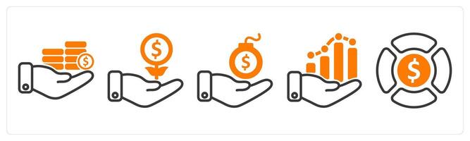 Set of five business icons as investment, investment growth, debt vector