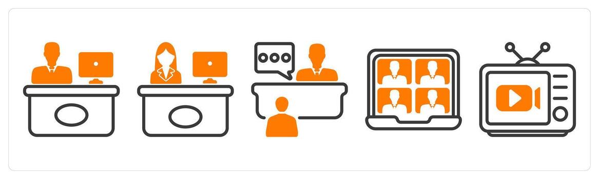 conjunto de cinco negocio íconos como recepción, entrevista, conferencia vector