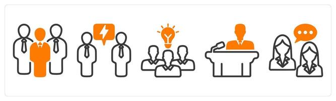 Set of five business icons as business group, negotiation, teamwork solution vector