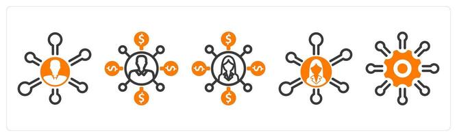 Set of five business icons as business network, affiliate marketing, support network vector