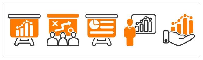 Set of five business icons as business analysis, presenting tactics, presentation vector