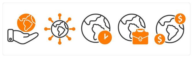 Set of five business icons as global communication, connectivity, time zone vector