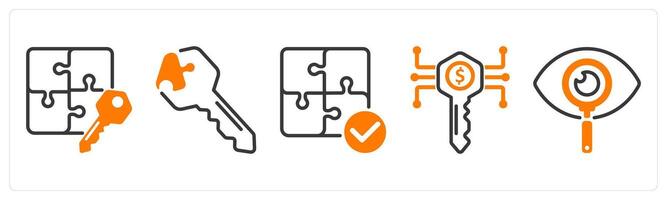 Set of five business icons as solution, solution key, solution plan vector