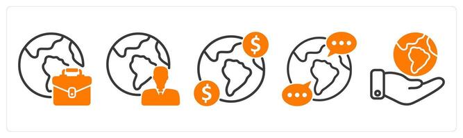Set of five business icons as international business, global business, global communication vector
