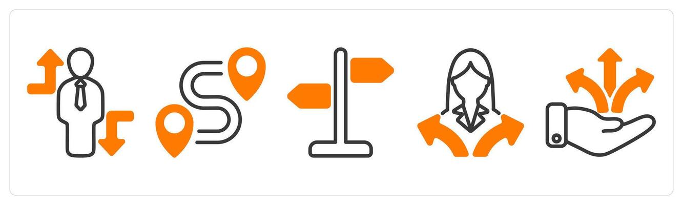 Set of five business icons as crisis overcome, destination, direction sign