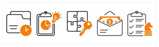 Set of five business icons as history record, creative report, solution vector
