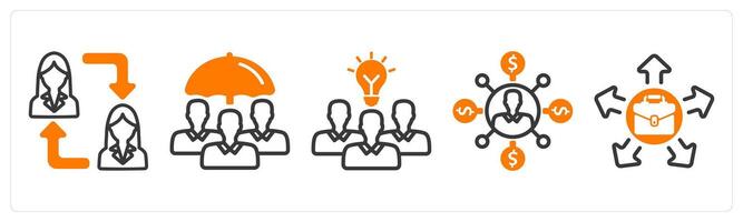 Set of five business icons as employee change, employee insurance, teamwork solution vector