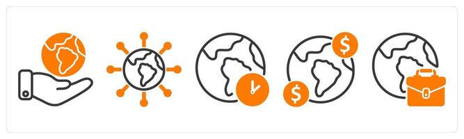 Set of five business icons as global community, connectivity, time zone vector