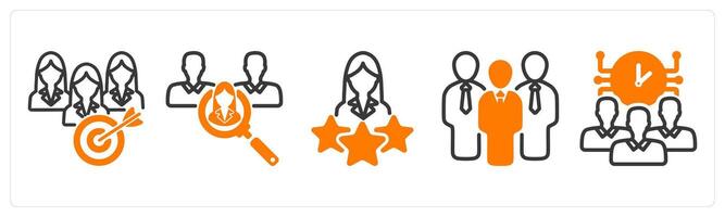 Set of five business icons as teamwork goal, recruitment, premium user vector