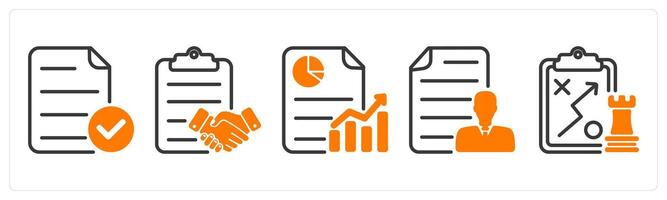 Set of five business icons as verified file, agreement, business progres vector