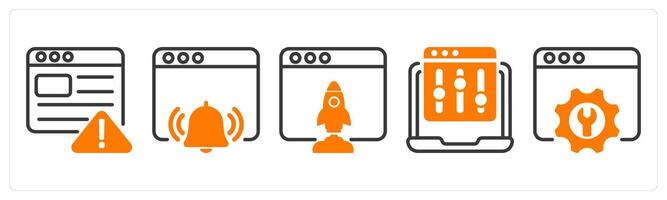 Set of five business icons as seo warning, seo notification, browser launch vector