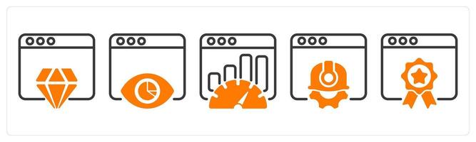 Set of five business icons as website reputation, impression report, seo performance vector